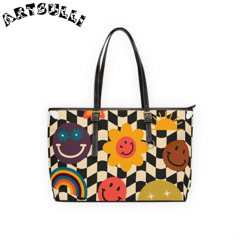 Smiley Face Checkered High-Grade PU Leather Shoulder Bag, Artsulli - Art is Long, Life is Short, Bags, Size, 17" x 11", Color, Black, , , 27656022707923076620