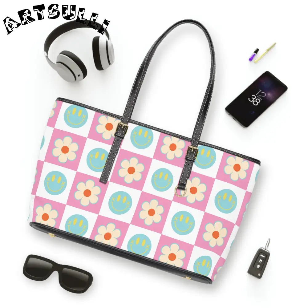 Smiley Face Checkered PU Leather Shoulder Bag, Artsulli - Art is Long, Life is Short, Bags, , , , , , , 