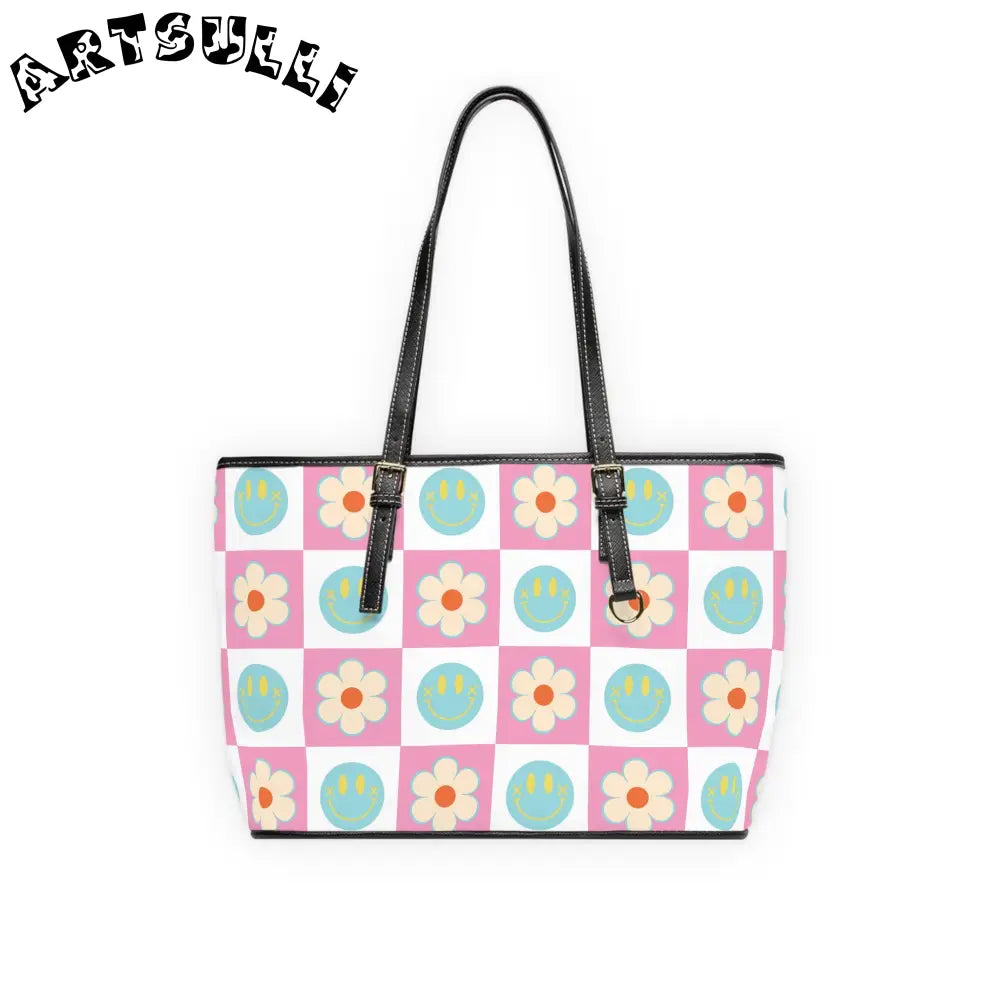 Smiley Face Checkered PU Leather Shoulder Bag, Artsulli - Art is Long, Life is Short, Bags, Size, 16" x 10", Color, Black, , , 63907266590463517610