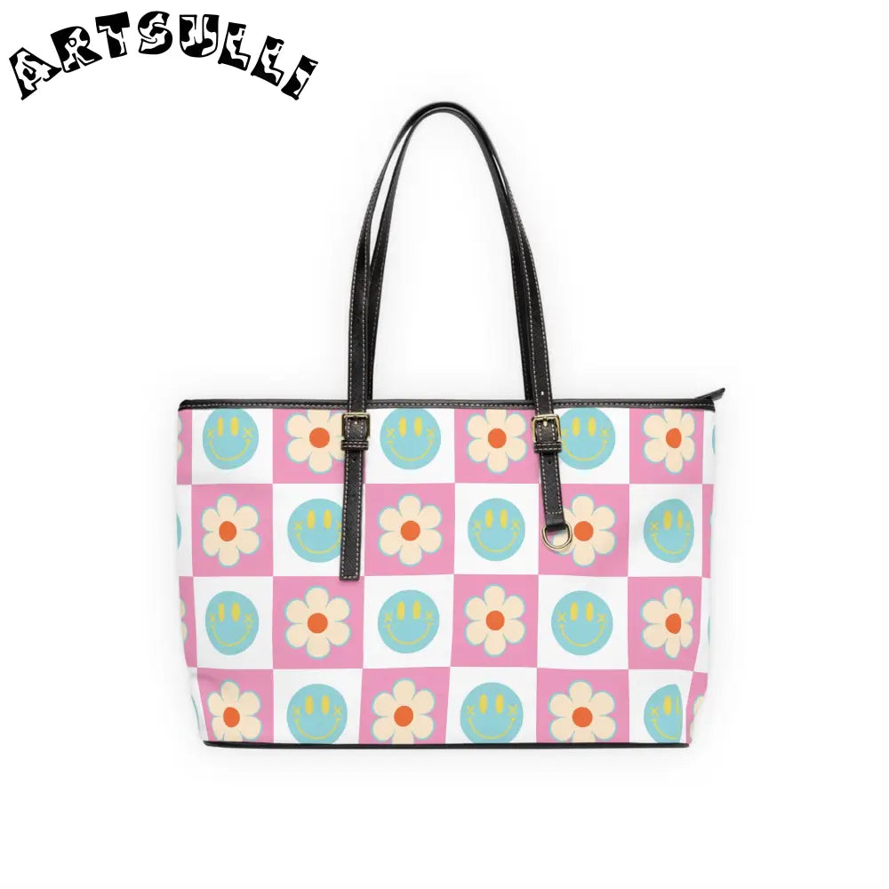 Smiley Face Checkered PU Leather Shoulder Bag, Artsulli - Art is Long, Life is Short, Bags, Size, 17" x 11", Color, Black, , , 28296051972662324361