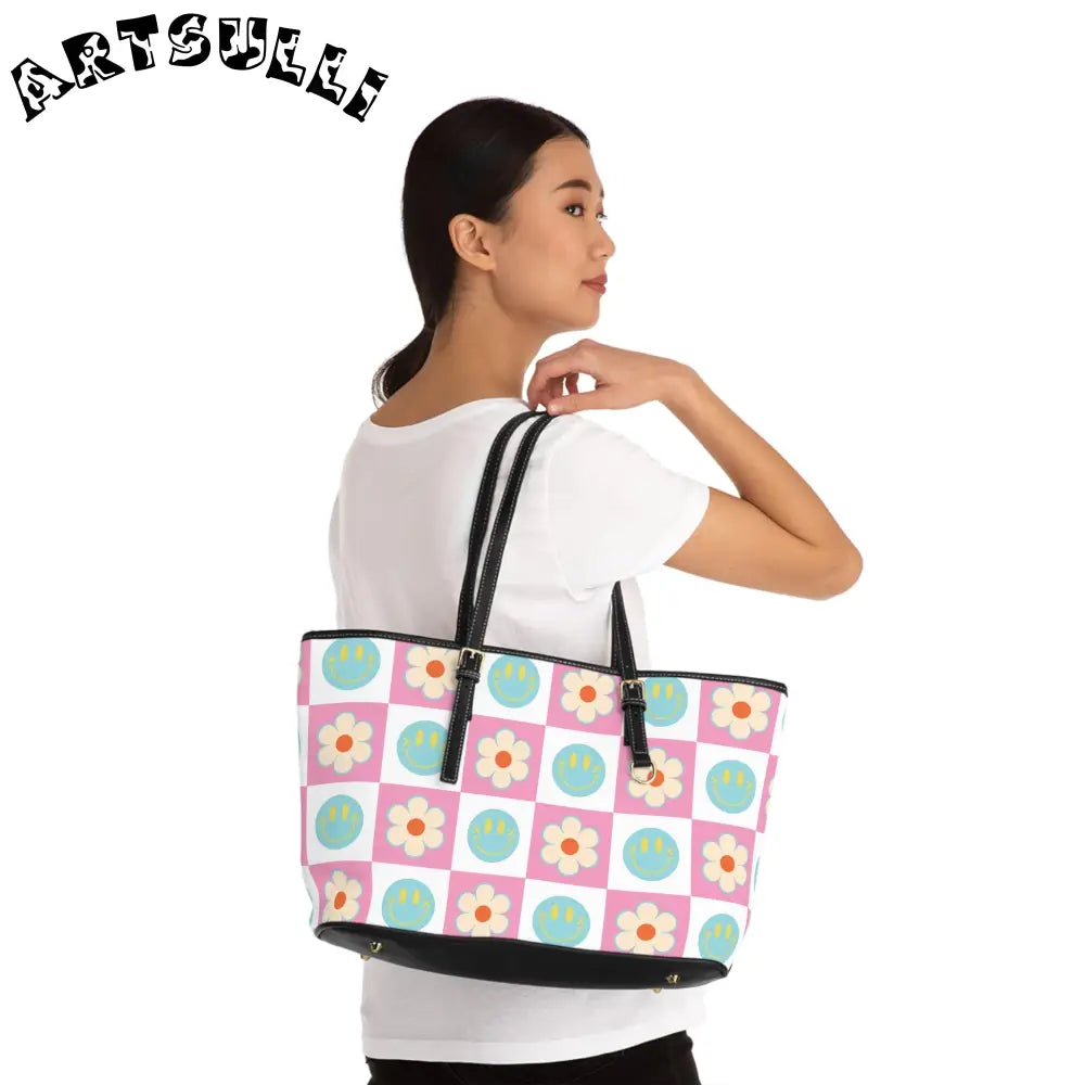 Smiley Face Checkered PU Leather Shoulder Bag, Artsulli - Art is Long, Life is Short, Bags, , , , , , , 