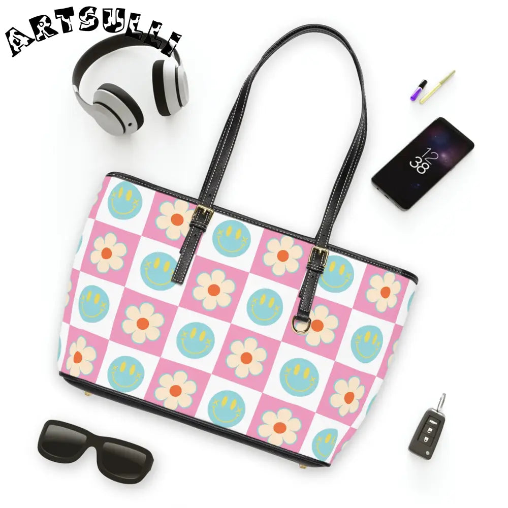 Smiley Face Checkered PU Leather Shoulder Bag, Artsulli - Art is Long, Life is Short, Bags, , , , , , , 