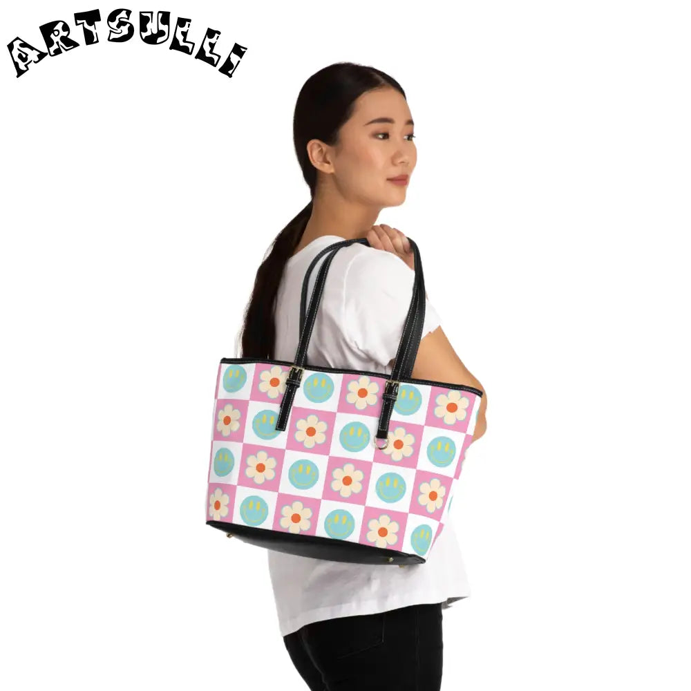 Smiley Face Checkered PU Leather Shoulder Bag, Artsulli - Art is Long, Life is Short, Bags, , , , , , , 