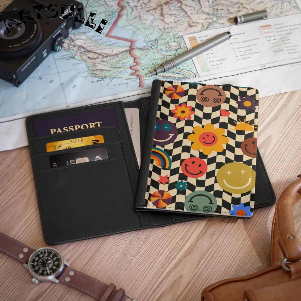 Smiley Flower Checkerboard Passport Cover, Artsulli - Art is Long, Life is Short, Accessories, , , , , , , 