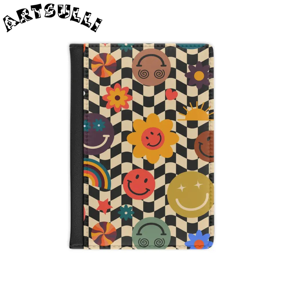 Smiley Flower Checkerboard Passport Cover, Artsulli - Art is Long, Life is Short, Accessories, Size, 3.9" x 5.8", Color, Black, , , 22928794463651393087