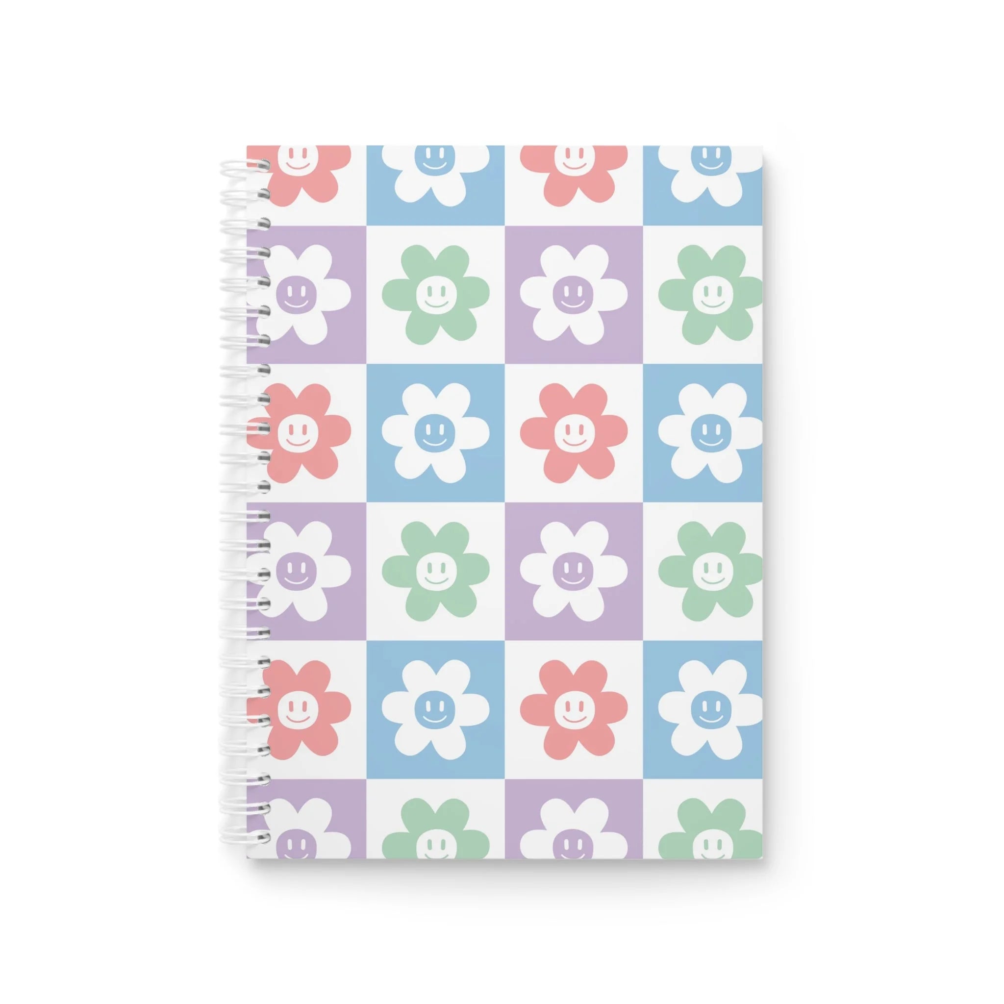 JAKKOUTTHEBXX Smiley Flower Checkered Wide-Ruled Spiral Notebook 2025