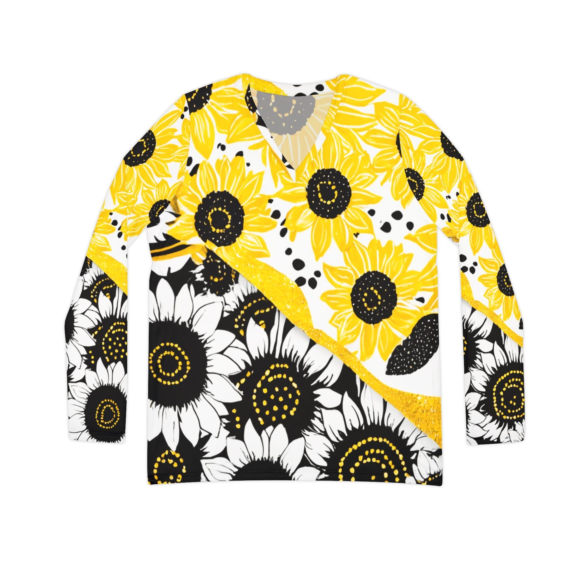 Split Sunflower Long Sleeve V-Neck Top, Artsulli - Art is Long, Life is Short, All Over Prints, Size, XS, , , , , 33516201260573716469
