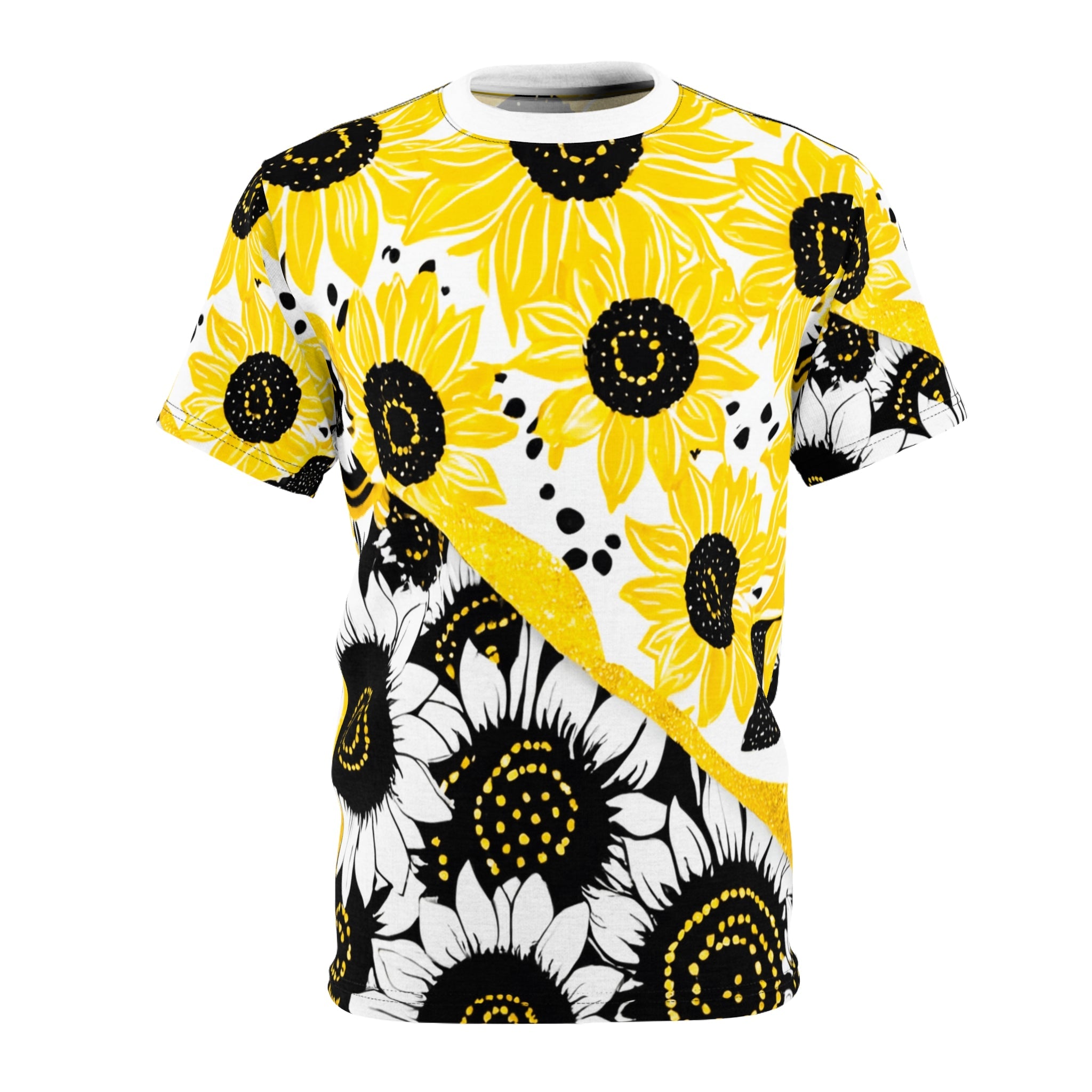 Split Sunflower T-Shirt, Artsulli - Art is Long, Life is Short, All Over Prints, Color, Black stitching, Weight, 4 oz., Size, S, 19849557666729346576
