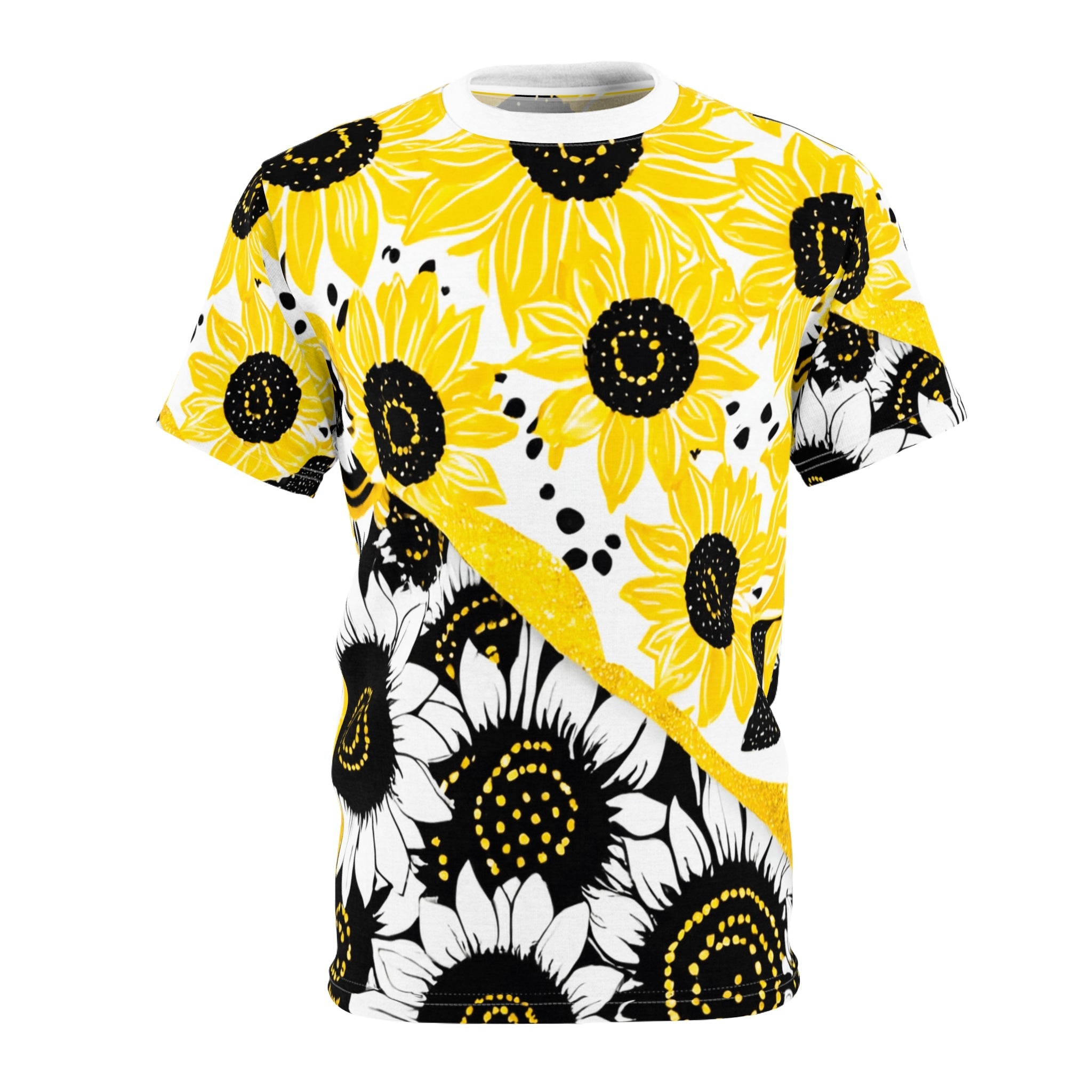 Split Sunflower T-Shirt, Artsulli - Art is Long, Life is Short, All Over Prints, Color, White stitching, Weight, 4 oz., Size, S, 41765532625977170752
