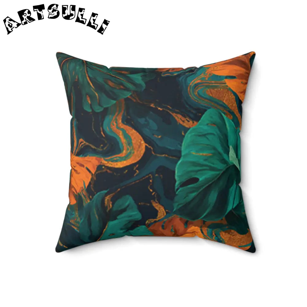 JAKKOUTTHEBXX Teal Orange and Gold Abstract Leaf Pillow 2025