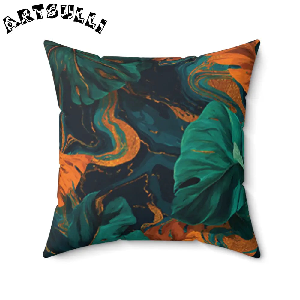 JAKKOUTTHEBXX Teal Orange and Gold Abstract Leaf Pillow 2025
