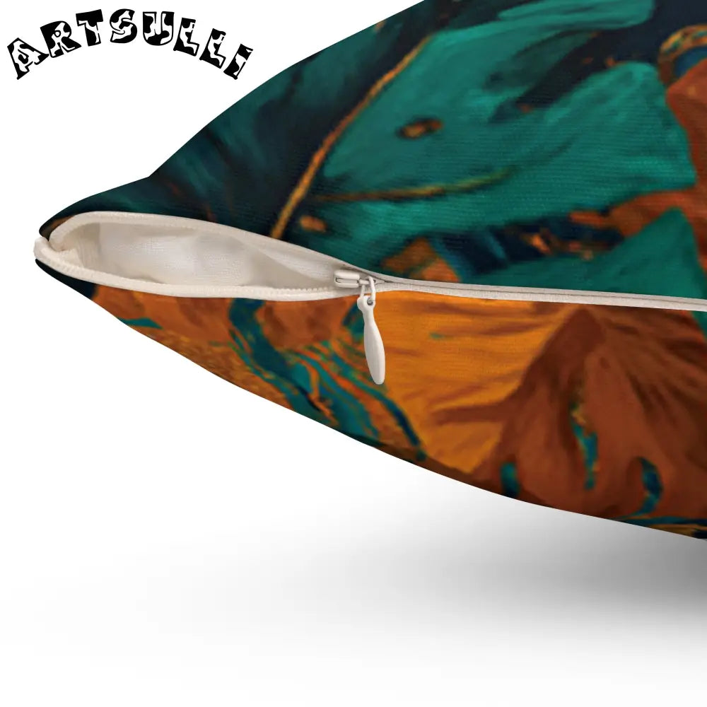 JAKKOUTTHEBXX Teal Orange and Gold Abstract Leaf Pillow 2025