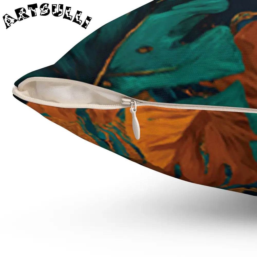 JAKKOUTTHEBXX Teal Orange and Gold Abstract Leaf Pillow 2025