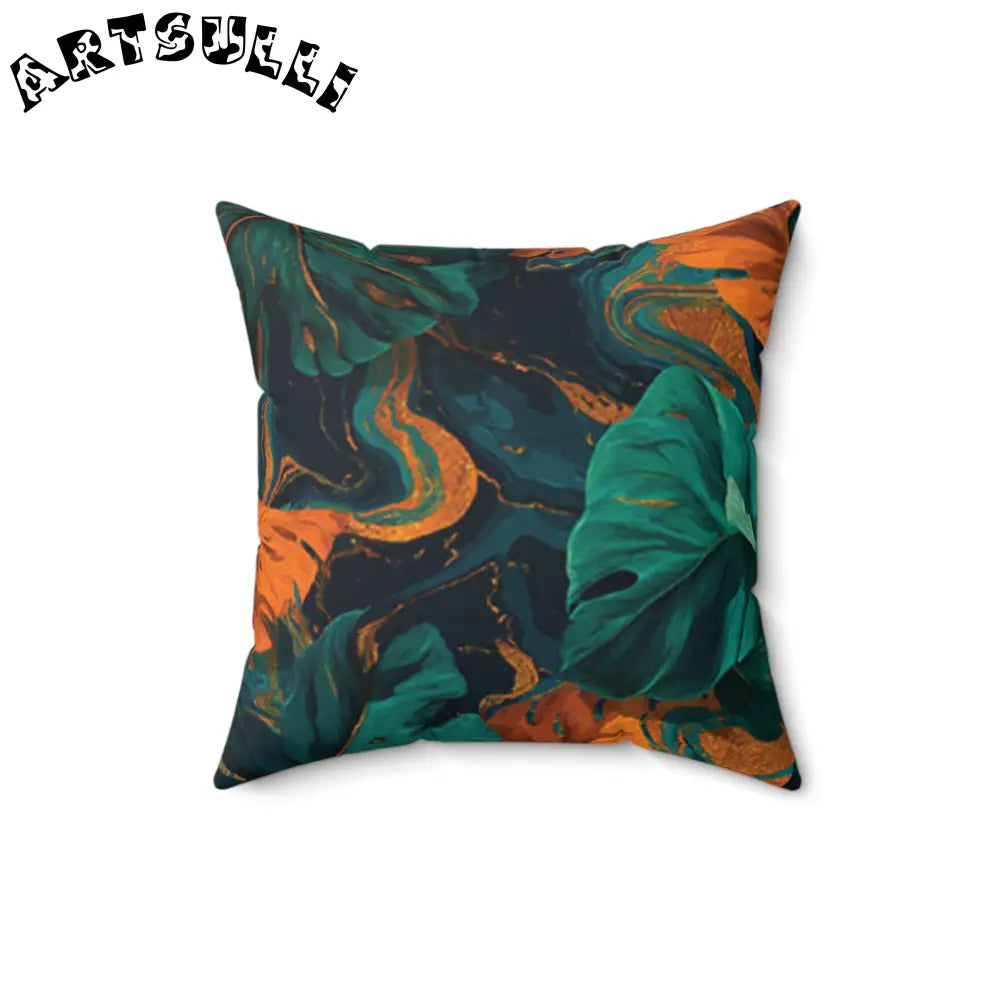 JAKKOUTTHEBXX Teal Orange and Gold Abstract Leaf Pillow 2025