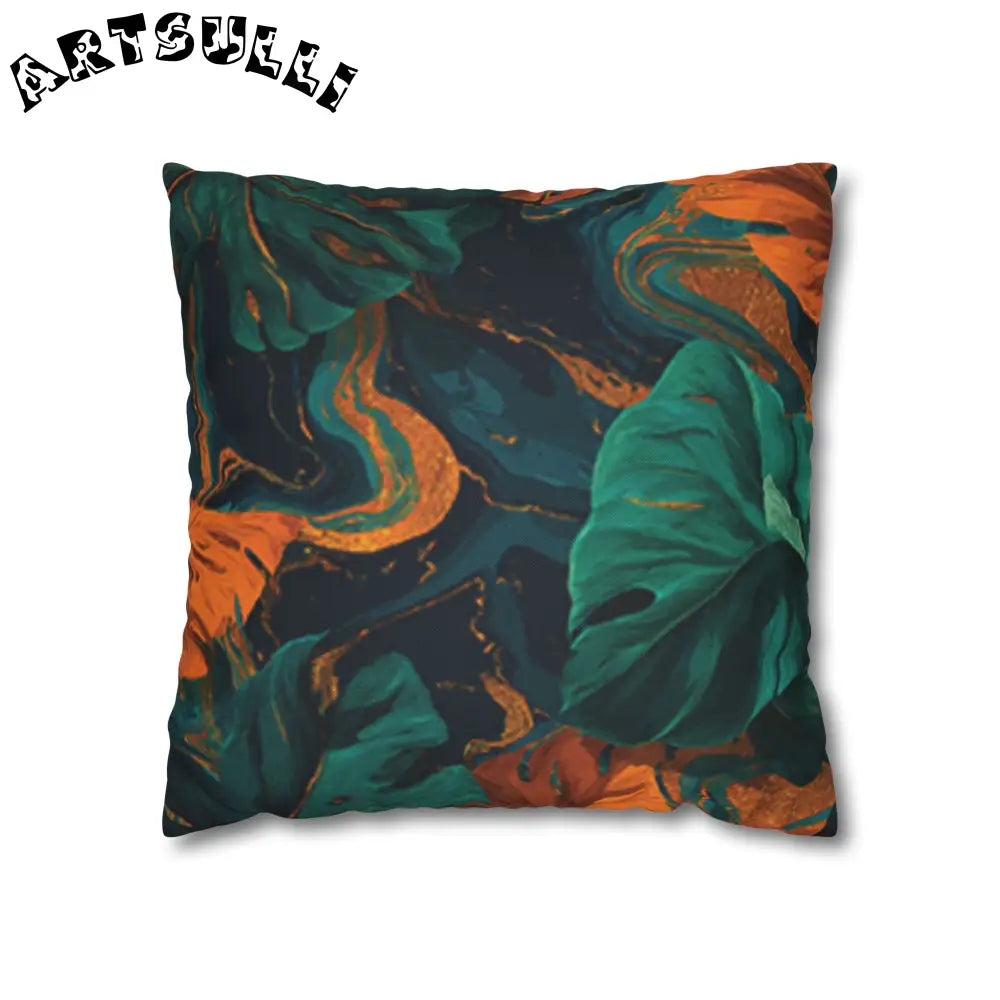 JAKKOUTTHEBXX Teal Orange and Gold Abstract Leaf Throw Pillow 2025