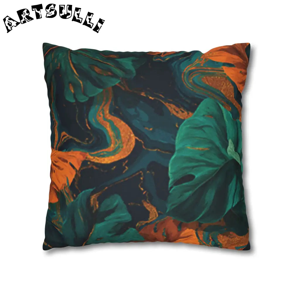 JAKKOUTTHEBXX Teal Orange and Gold Abstract Leaf Throw Pillow 2025