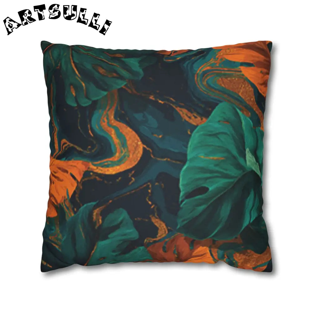 JAKKOUTTHEBXX Teal Orange and Gold Abstract Leaf Throw Pillow 2025