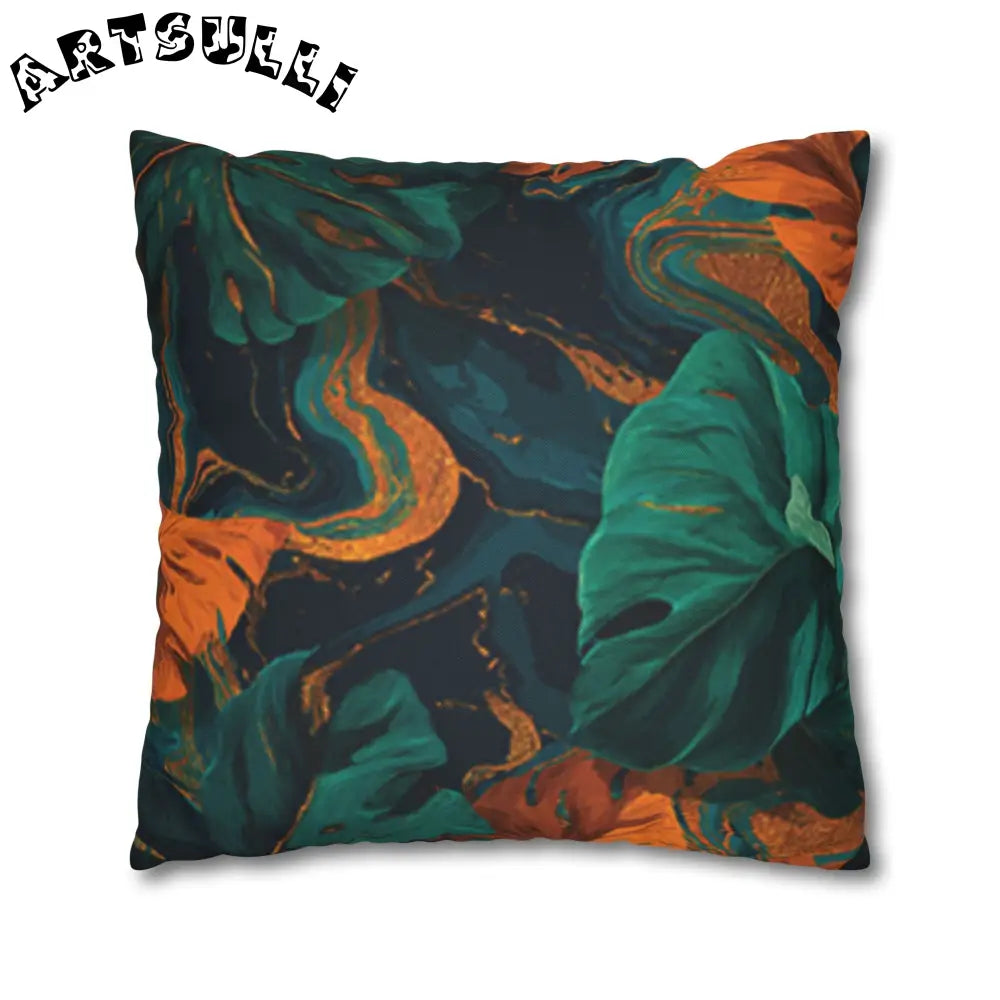 JAKKOUTTHEBXX Teal Orange and Gold Abstract Leaf Throw Pillow 2025
