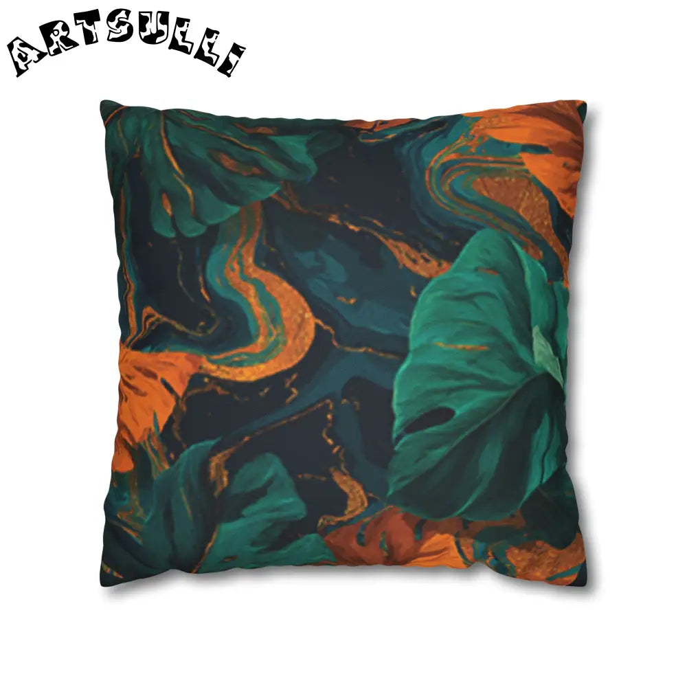 JAKKOUTTHEBXX Teal Orange and Gold Abstract Leaf Throw Pillow 2025
