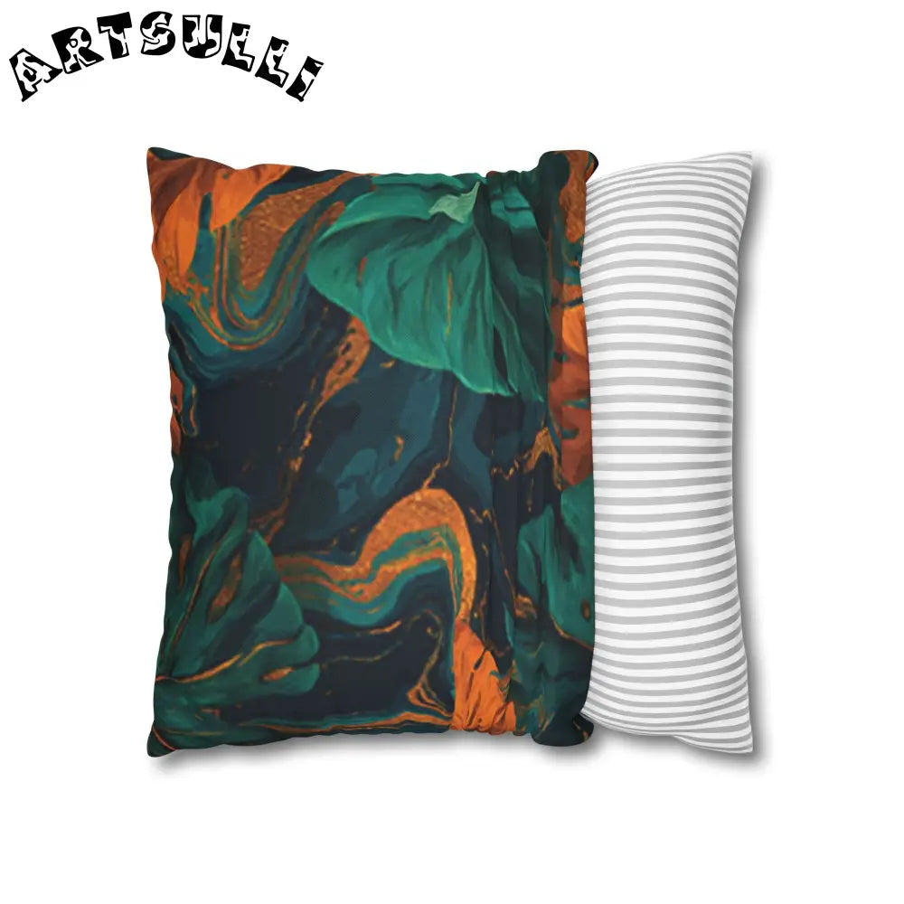JAKKOUTTHEBXX Teal Orange and Gold Abstract Leaf Throw Pillow 2025