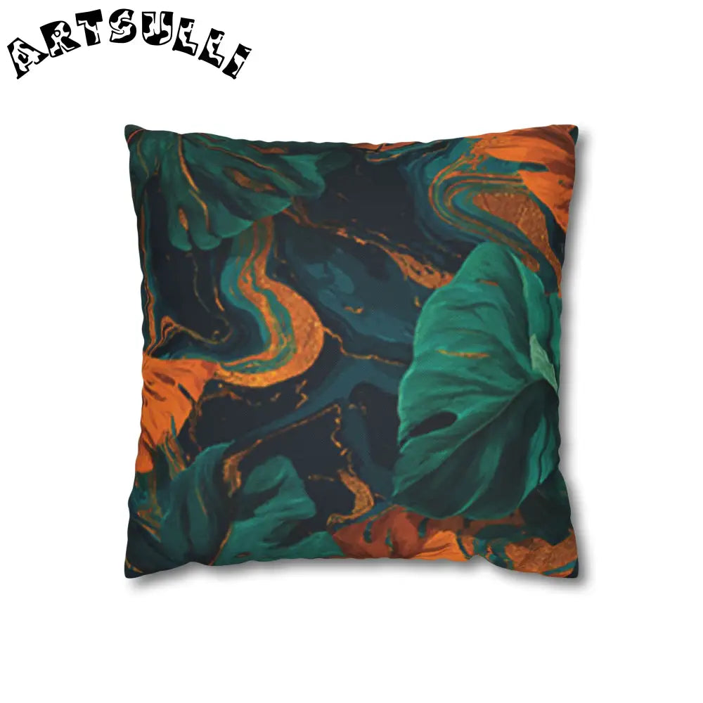JAKKOUTTHEBXX Teal Orange and Gold Abstract Leaf Throw Pillow 2025