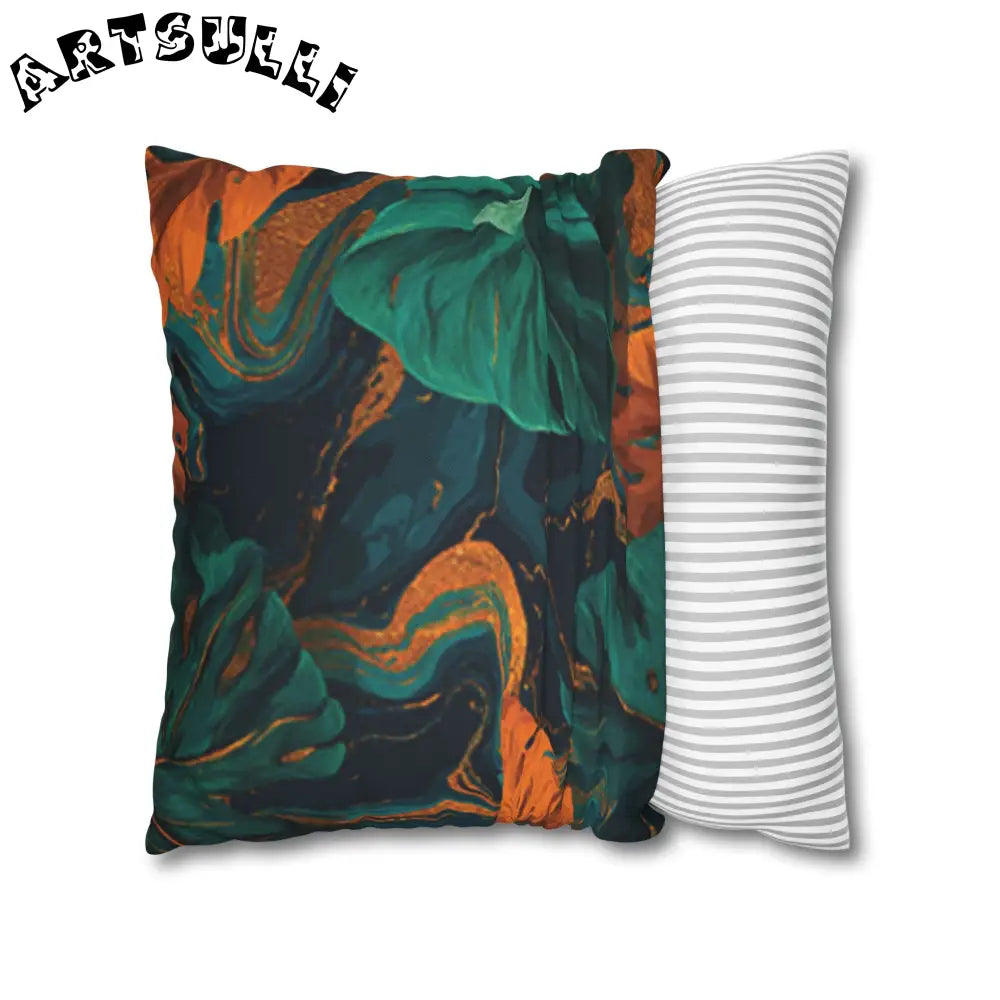 JAKKOUTTHEBXX Teal Orange and Gold Abstract Leaf Throw Pillow 2025