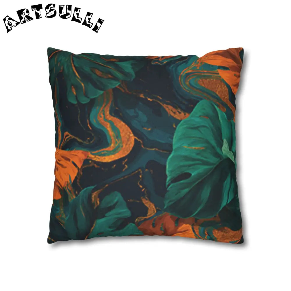 JAKKOUTTHEBXX Teal Orange and Gold Abstract Leaf Throw Pillow 2025