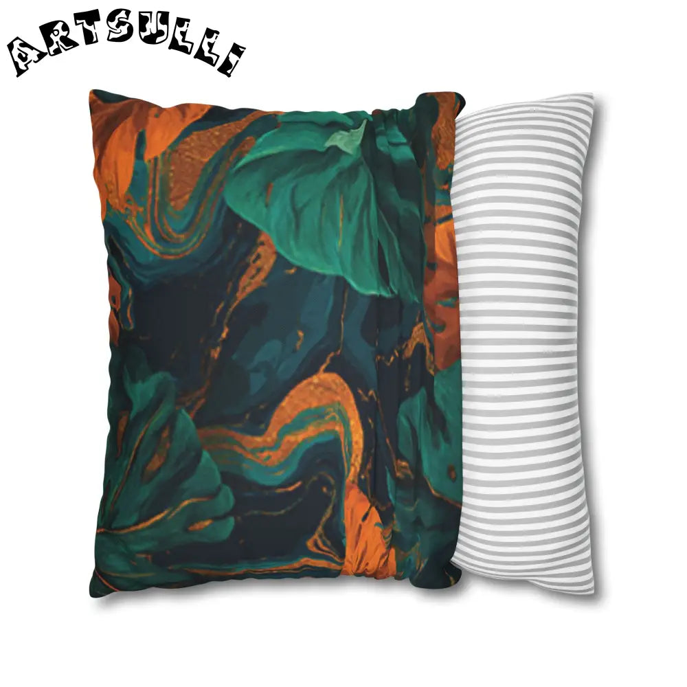 JAKKOUTTHEBXX Teal Orange and Gold Abstract Leaf Throw Pillow 2025