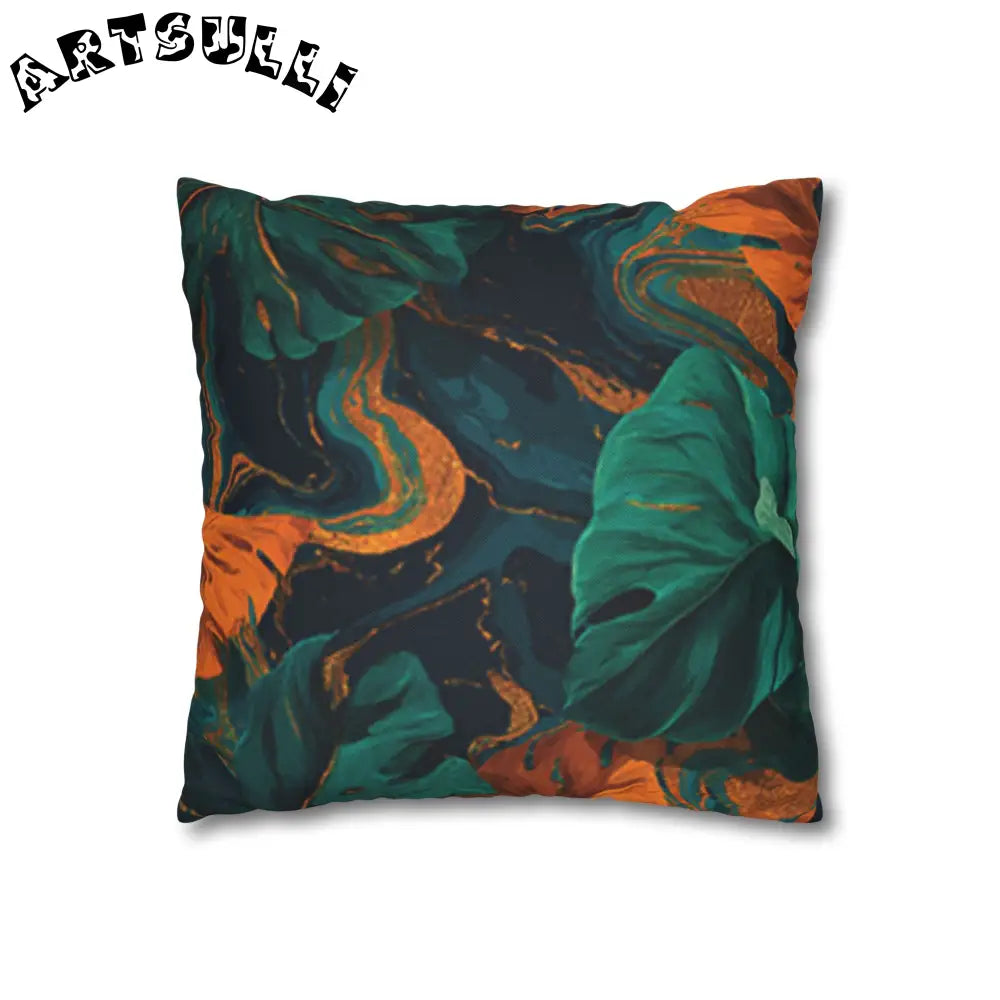 JAKKOUTTHEBXX Teal Orange and Gold Abstract Leaf Throw Pillow 2025