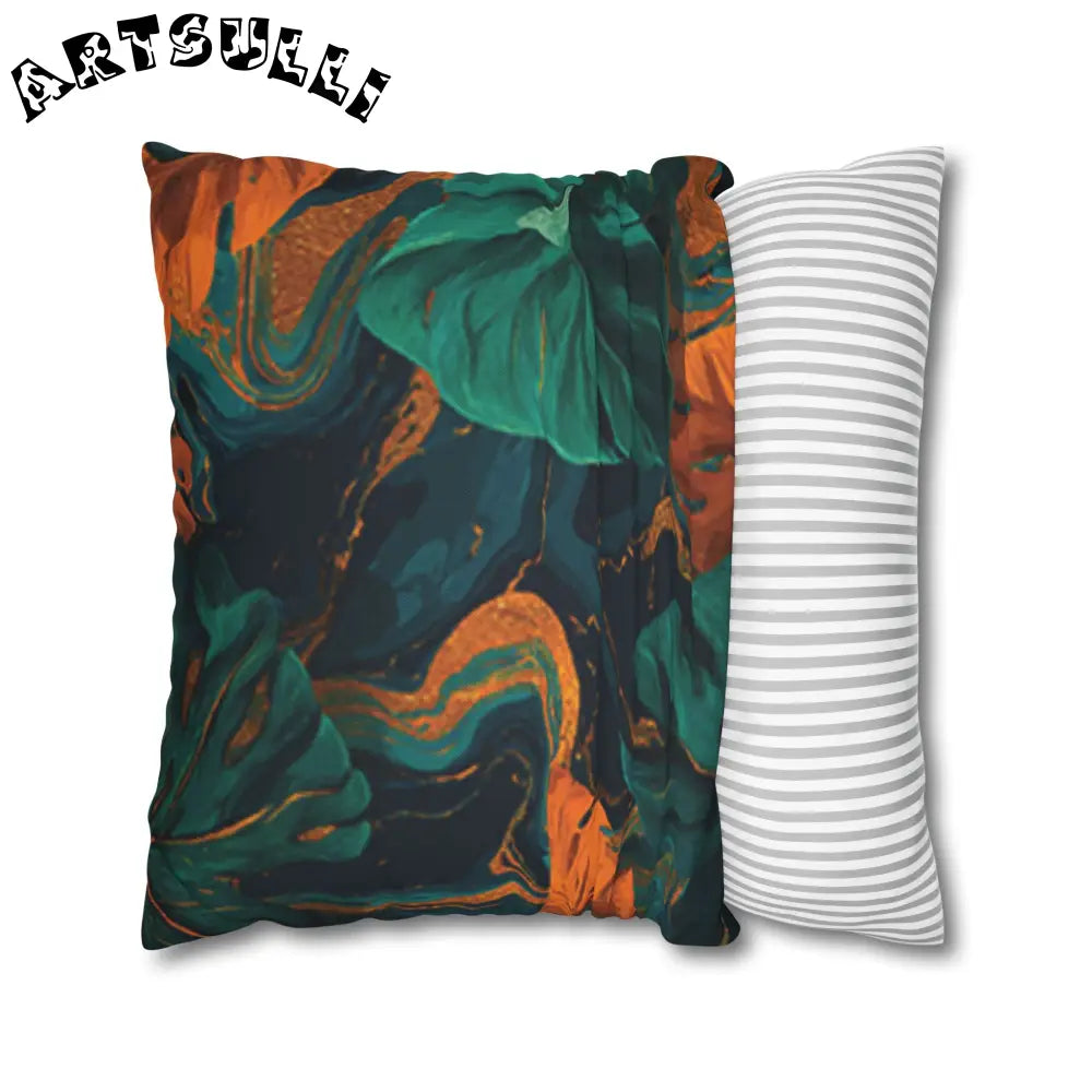 JAKKOUTTHEBXX Teal Orange and Gold Abstract Leaf Throw Pillow 2025