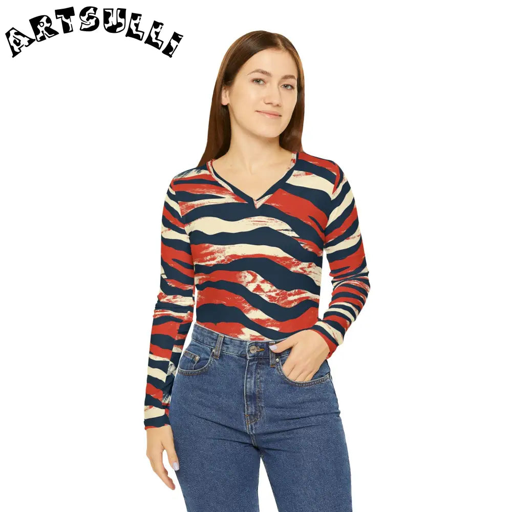 Stylish V-Neck Abstract Stripe Long-Sleeve Shirt, Artsulli - Art is Long, Life is Short, All Over Prints, , , , , , , 