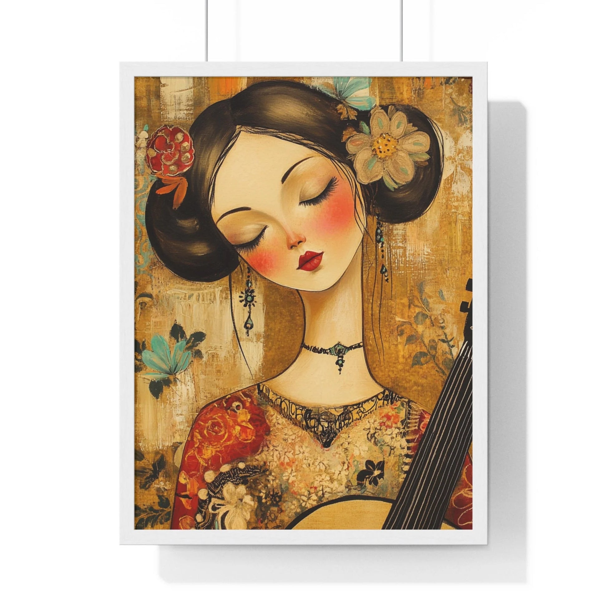 Buy The Best floral-patterned guitar card intricate design By Artsulli x Color Printify - Stylized Woman Musician Wood-Framed Poster - 2025