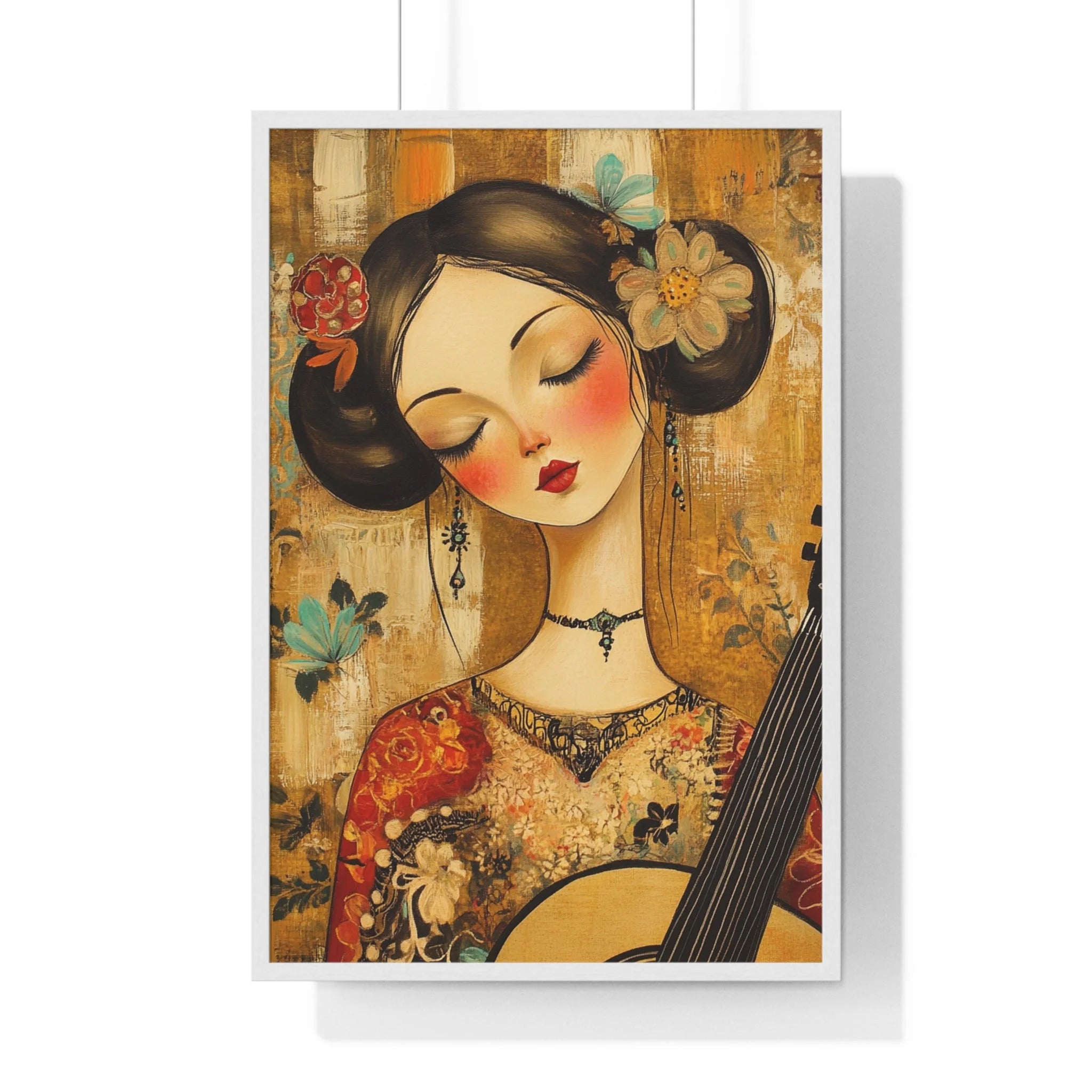 Buy The Best floral kimono card woman acoustic By Artsulli x Color Printify - Stylized Woman Musician Wood-Framed Poster - 2025