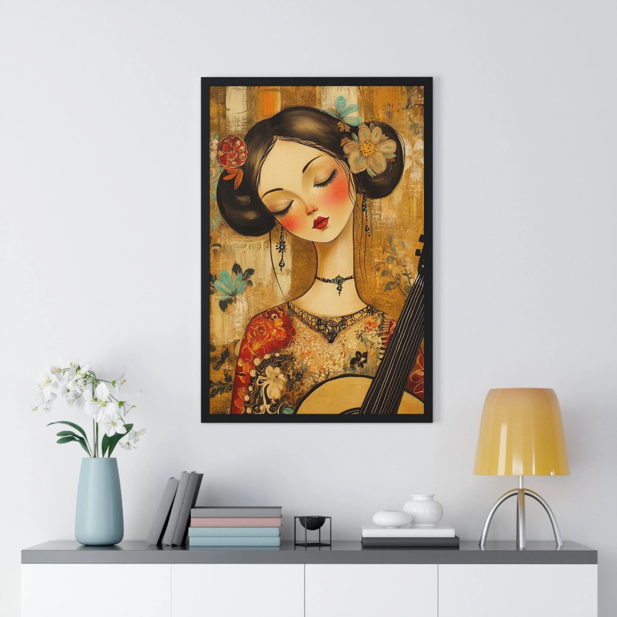 Buy The Best framed portrait woman guitar traditional By Artsulli x Color Printify - Stylized Woman Musician Wood-Framed Poster - 2025