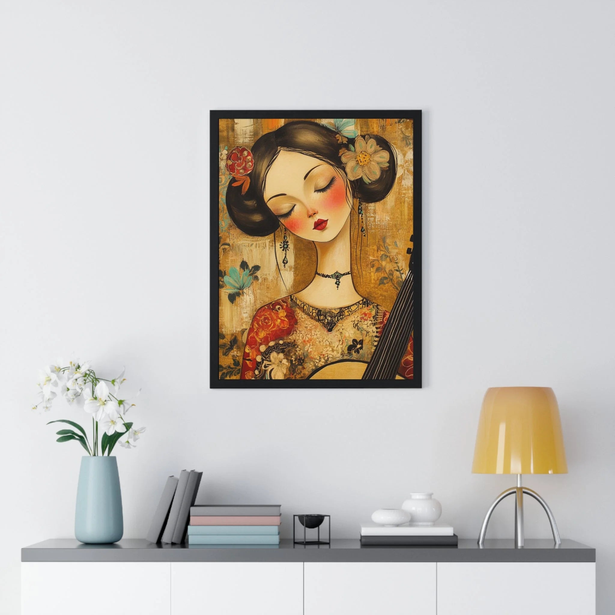 Buy The Best framed geisha portrait intricate floral By Artsulli x Color Printify - Stylized Woman Musician Wood-Framed Poster - 2025