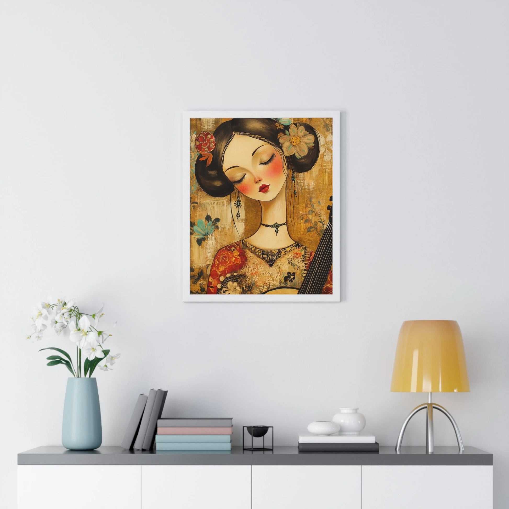 Buy The Best framed artwork woman traditional japanese By Artsulli x Color Printify - Stylized Woman Musician Wood-Framed Poster - 2025