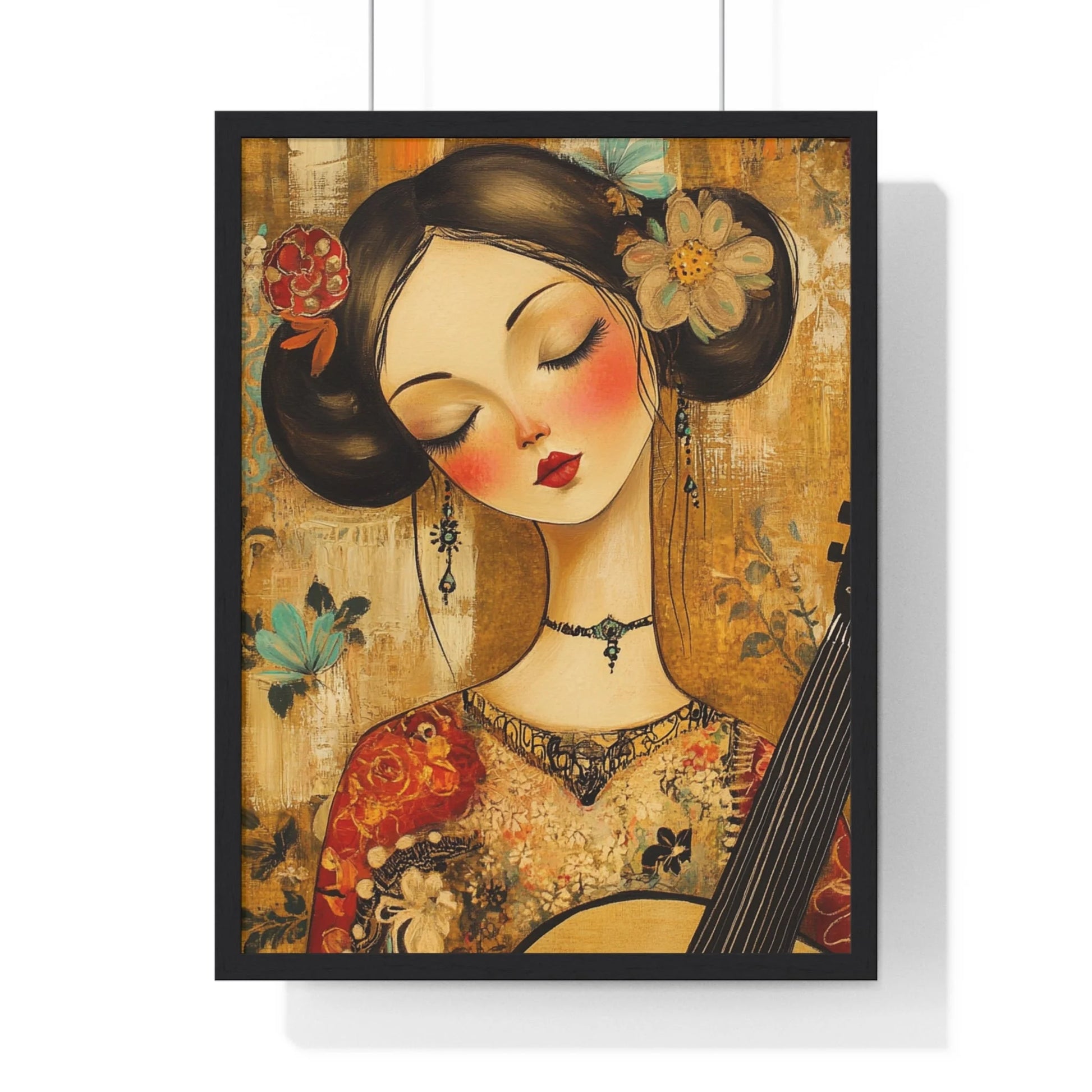 Buy The Best black framed poster floral design By Artsulli x Color Printify - Stylized Woman Musician Wood-Framed Poster - 2025