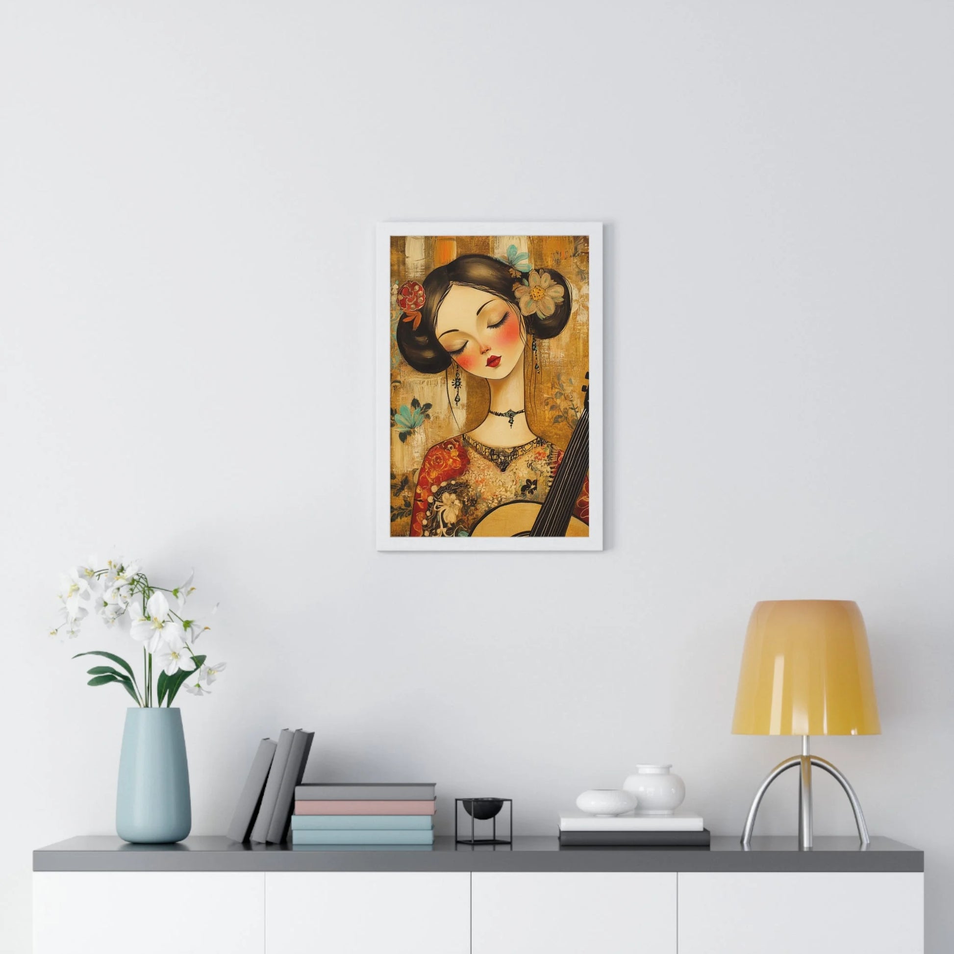 Buy The Best framed artwork woman red black By Artsulli x Color Printify - Stylized Woman Musician Wood-Framed Poster - 2025