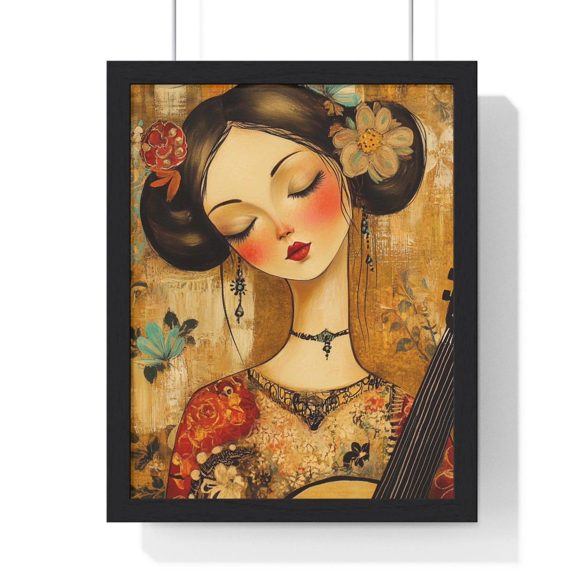 Buy The Best gold floral dress black hair By Artsulli x Color Printify - Stylized Woman Musician Wood-Framed Poster - 2025