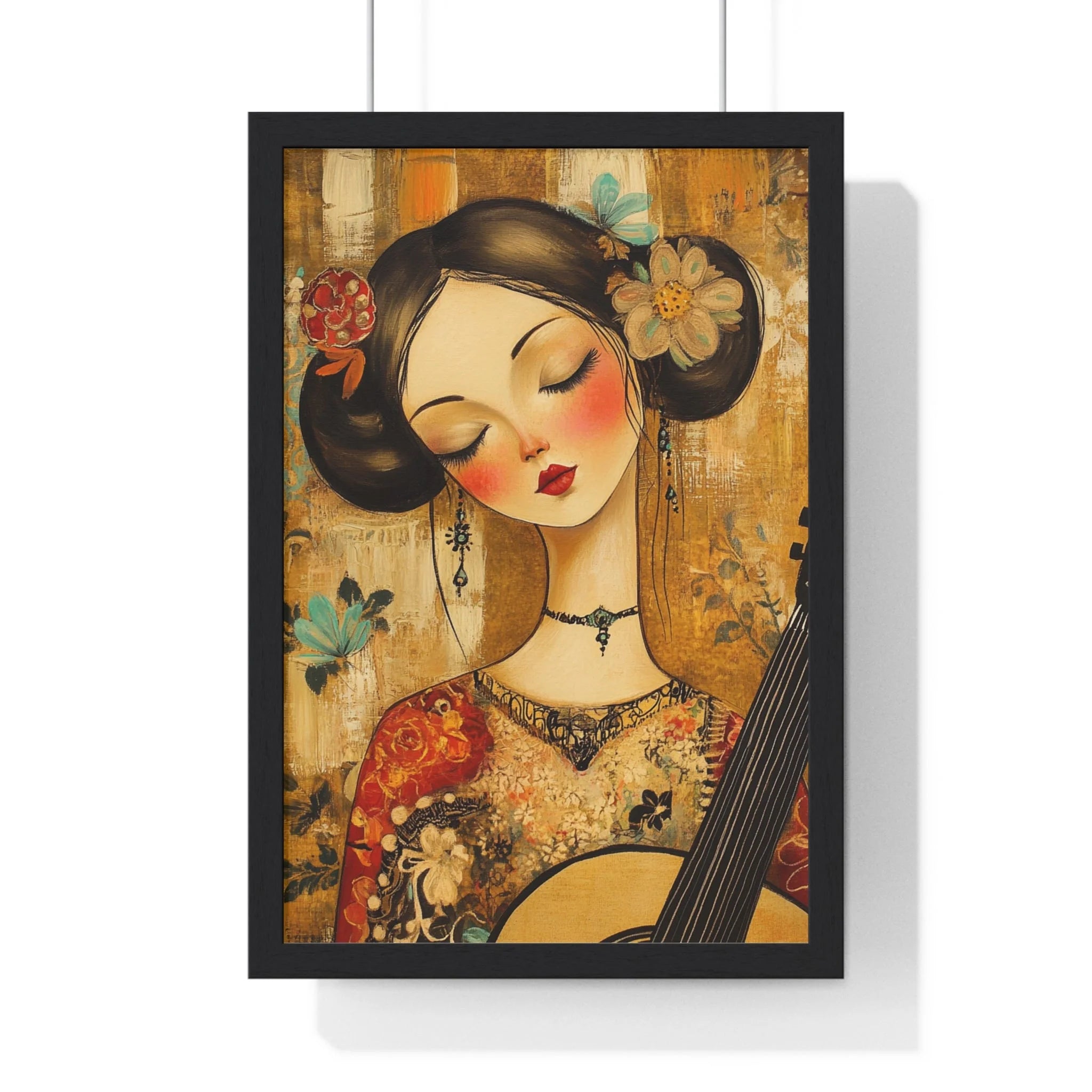Buy The Best black framed poster floral design By Artsulli x Color Printify - Stylized Woman Musician Wood-Framed Poster - 2025