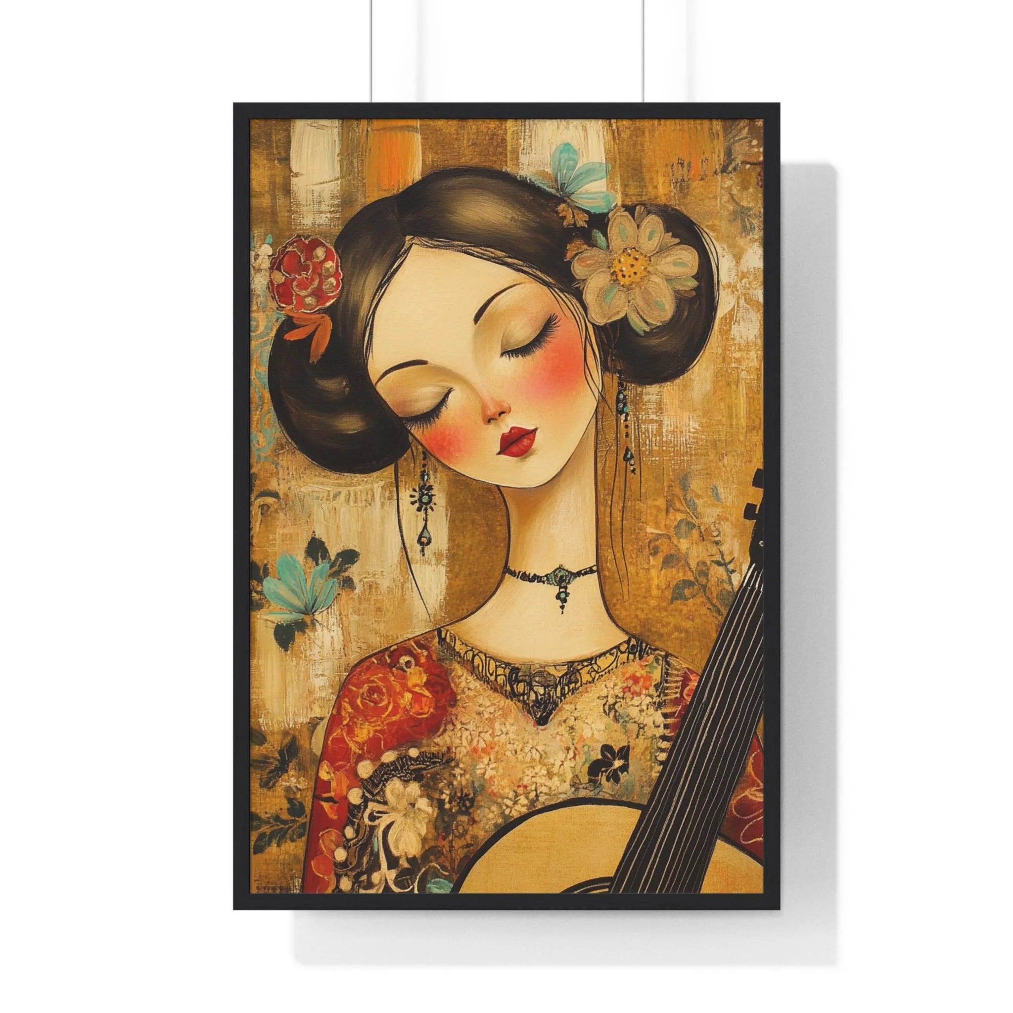 Buy The Best black framed poster floral design By Artsulli x Color Printify - Stylized Woman Musician Wood-Framed Poster - 2025