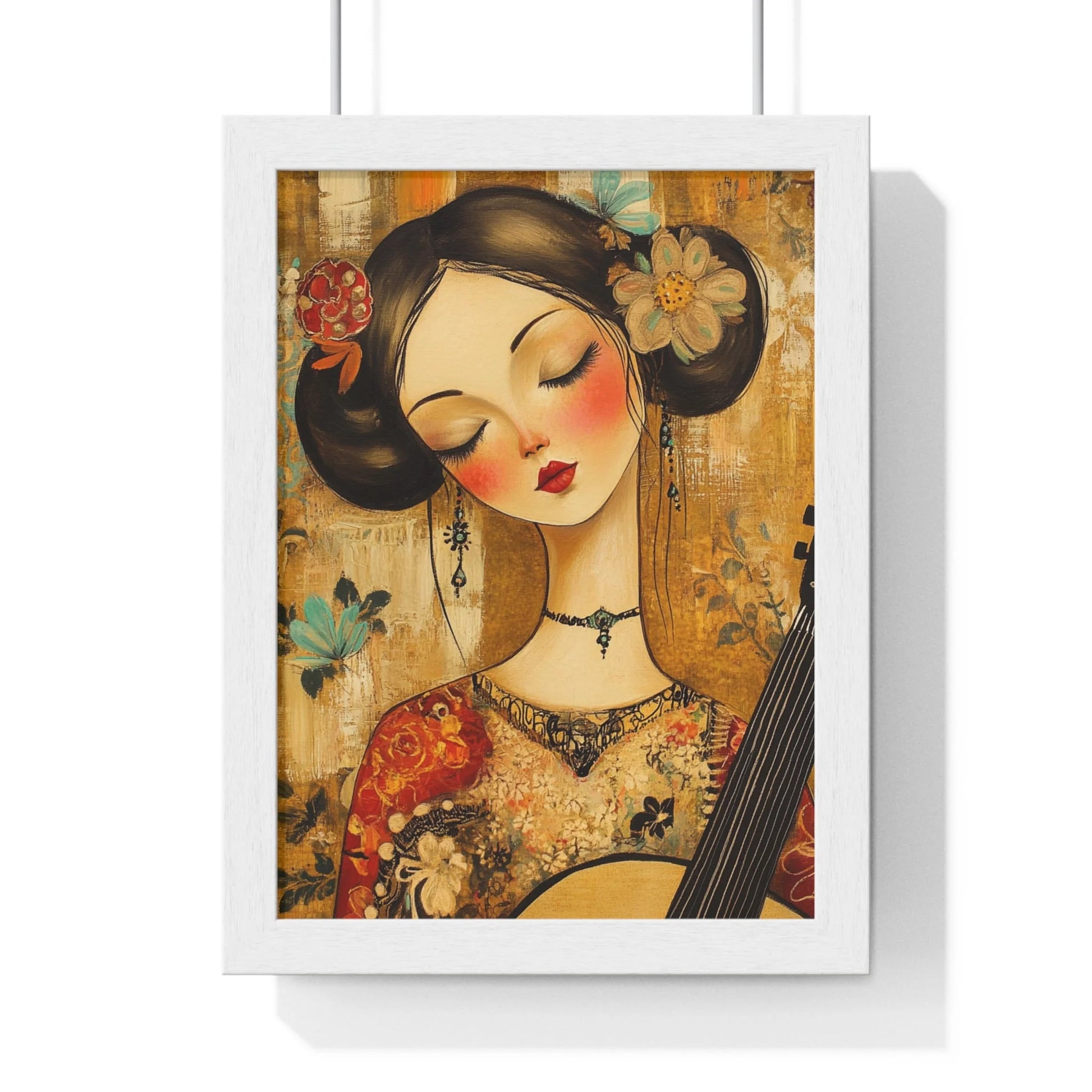 Buy The Best floral-patterned mandolin art print white By Artsulli x Color Printify - Stylized Woman Musician Wood-Framed Poster - 2025