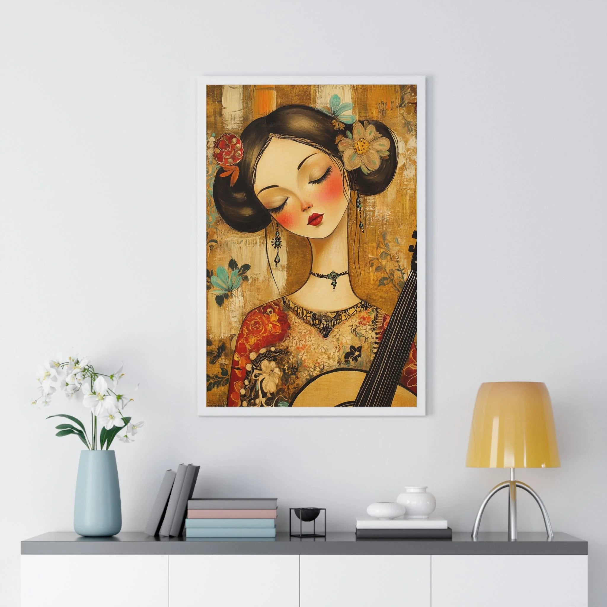 Buy The Best white framed poster woman guitar By Artsulli x Color Printify - Stylized Woman Musician Wood-Framed Poster - 2025