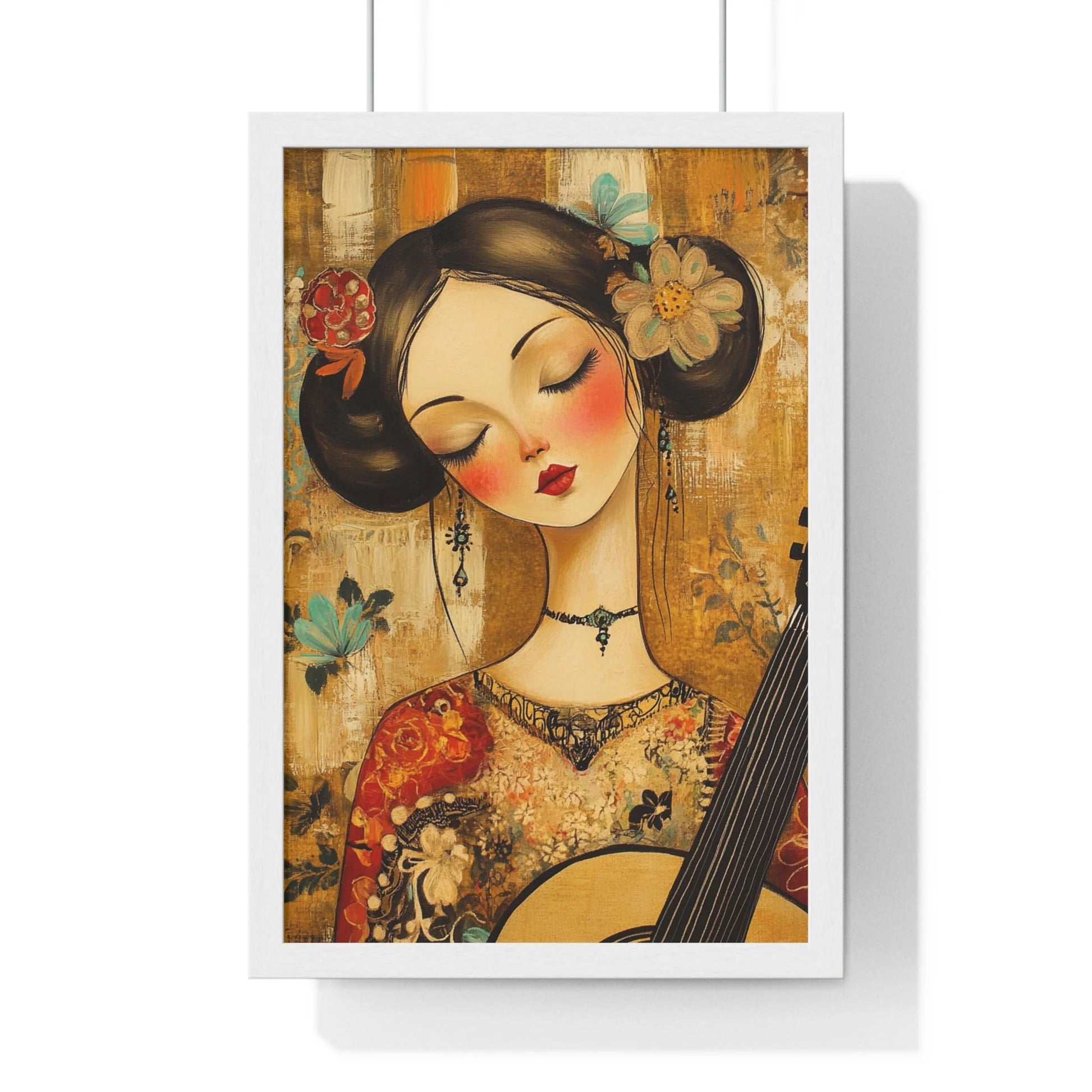 Buy The Best gold red floral mandolin art By Artsulli x Color Printify - Stylized Woman Musician Wood-Framed Poster - 2025
