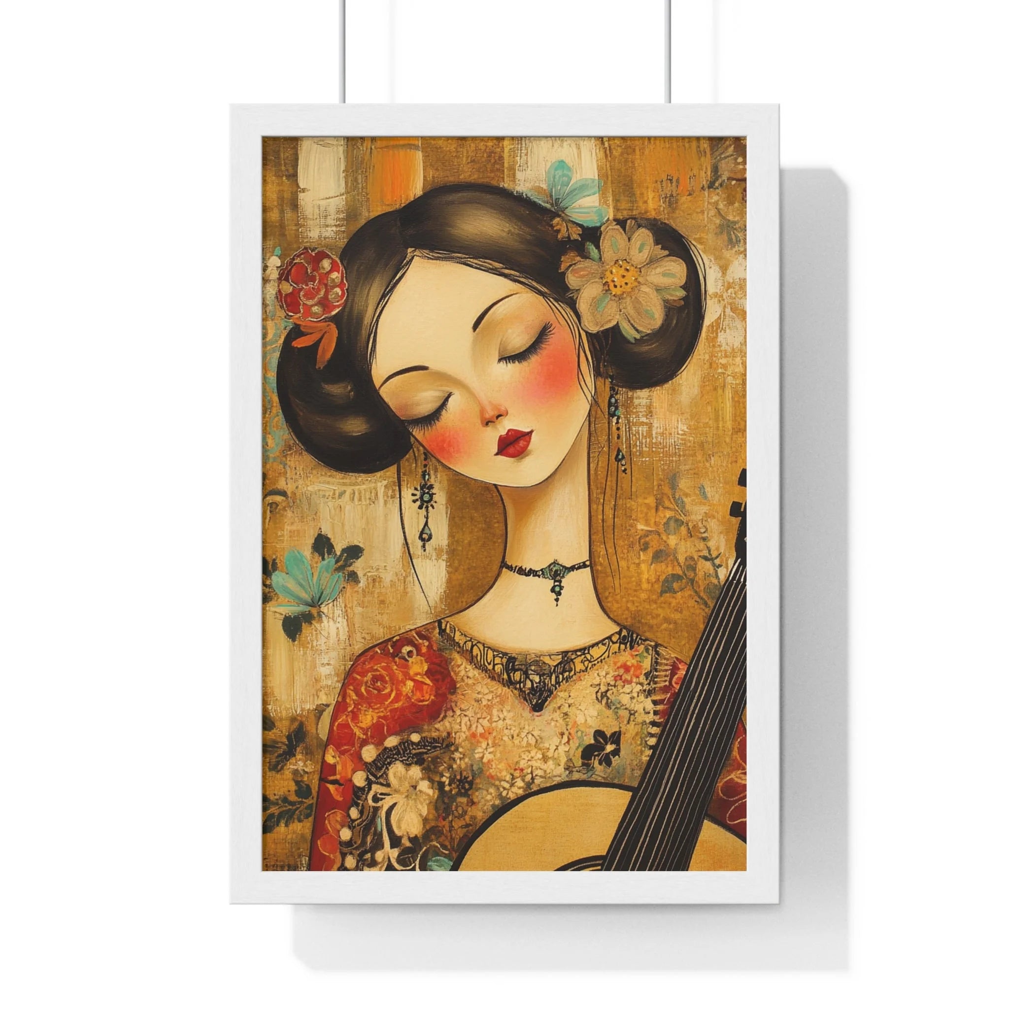 Buy The Best gold red floral mandolin art By Artsulli x Color Printify - Stylized Woman Musician Wood-Framed Poster - 2025