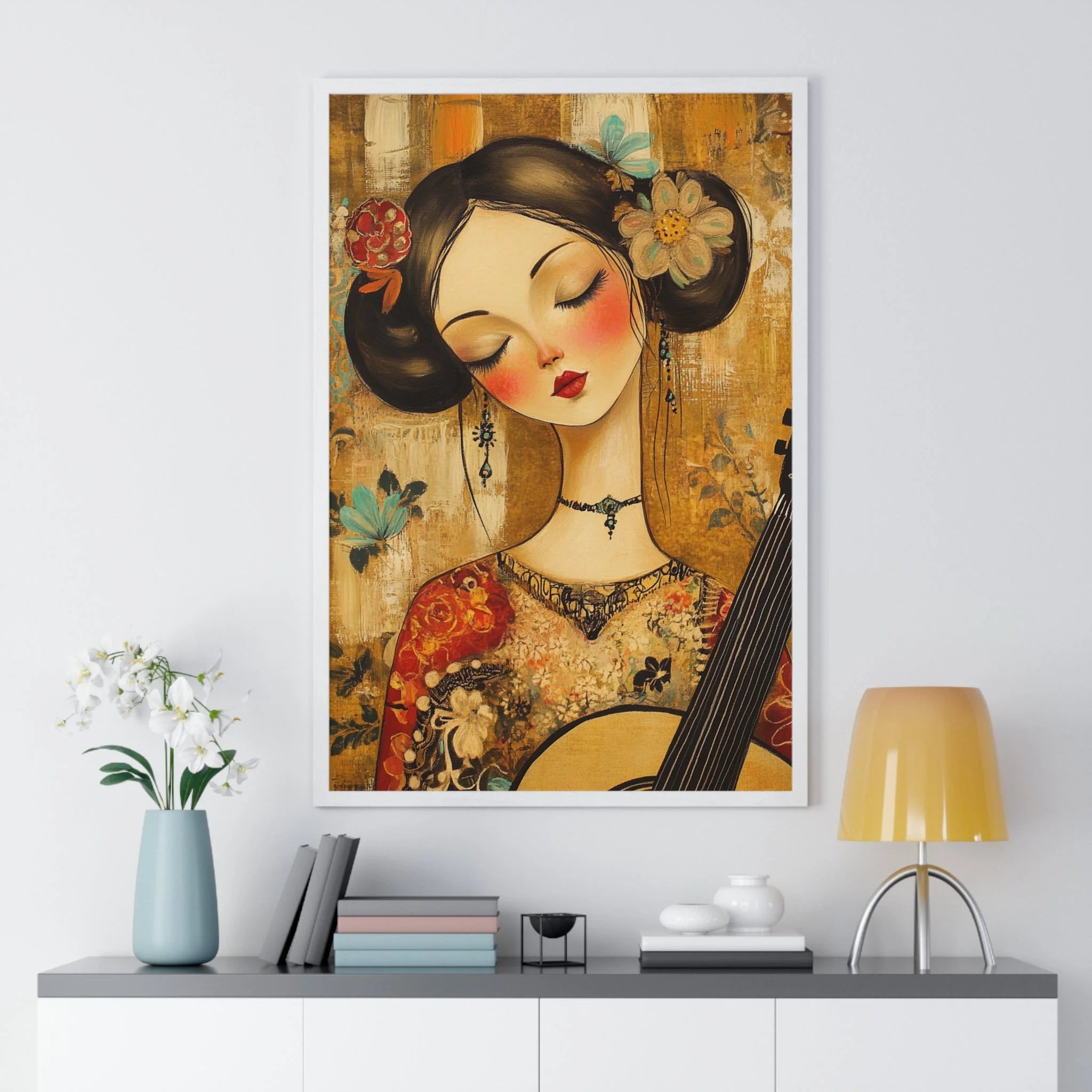 Buy The Best gold red floral guitar player By Artsulli x Color Printify - Stylized Woman Musician Wood-Framed Poster - 2025
