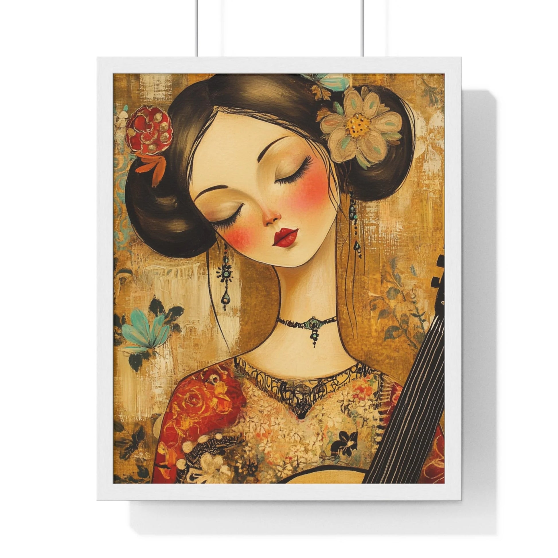 Buy The Best floral-patterned mandolin card gold red By Artsulli x Color Printify - Stylized Woman Musician Wood-Framed Poster - 2025