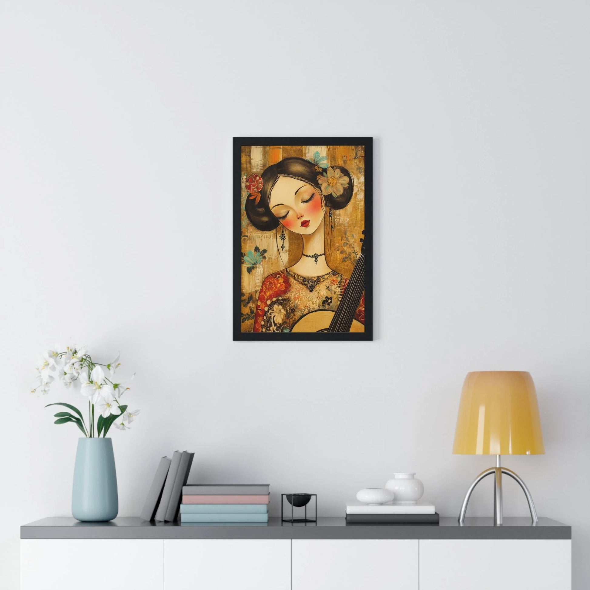 Buy The Best framed artwork woman red lips By Artsulli x Color Printify - Stylized Woman Musician Wood-Framed Poster - 2025