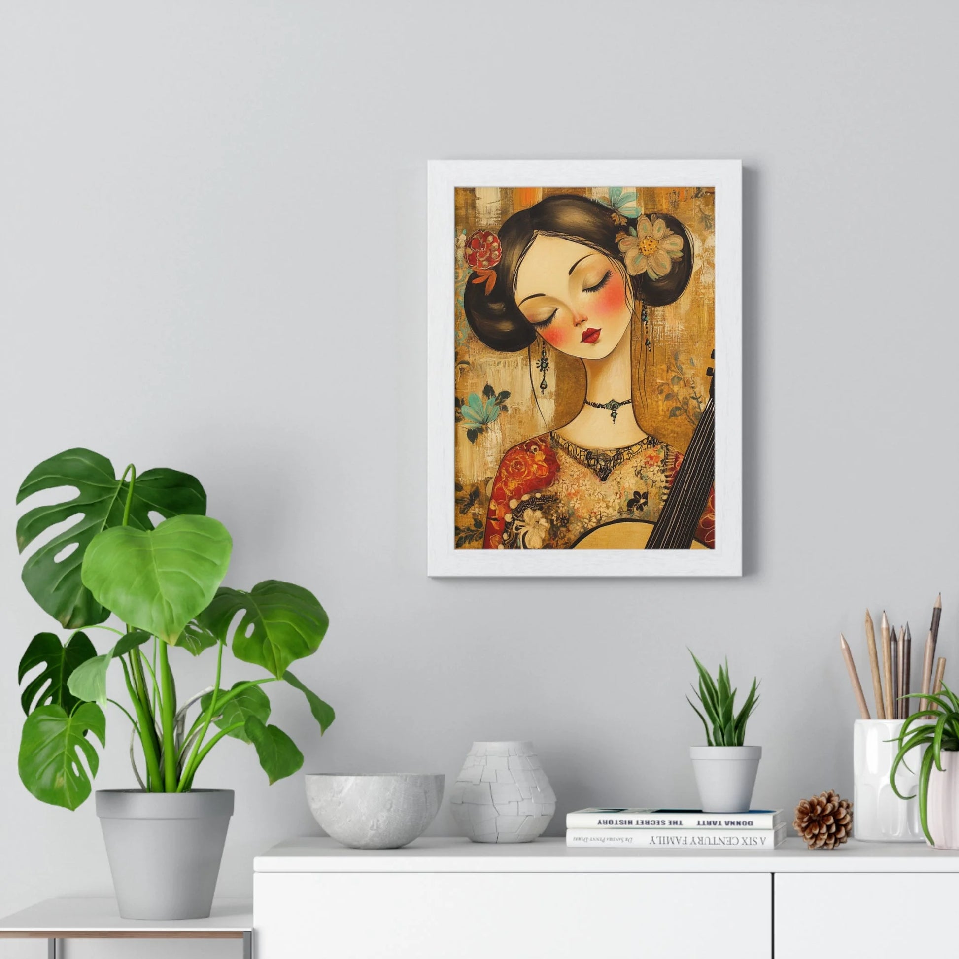 Buy The Best gold red floral patterned wall By Artsulli x Color Printify - Stylized Woman Musician Wood-Framed Poster - 2025