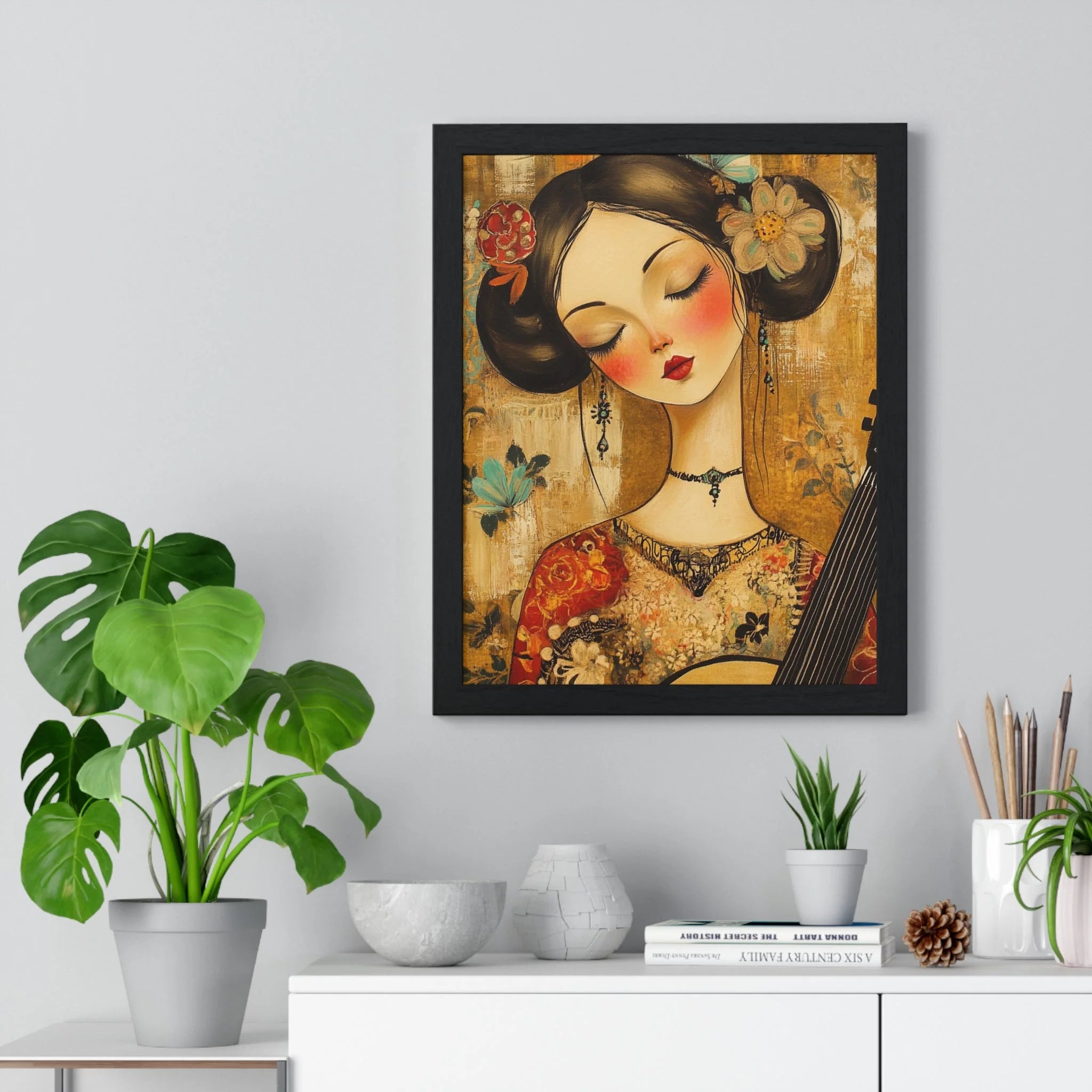 Buy The Best framed geisha portrait intricate vibrant By Artsulli x Color Printify - Stylized Woman Musician Wood-Framed Poster - 2025